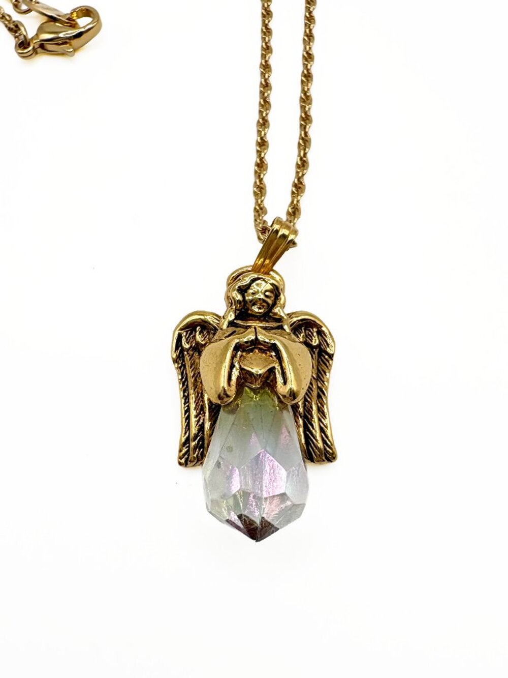 Vintage 1990s Avon Sparkling Angel Necklace Iridescent Glass Pendant